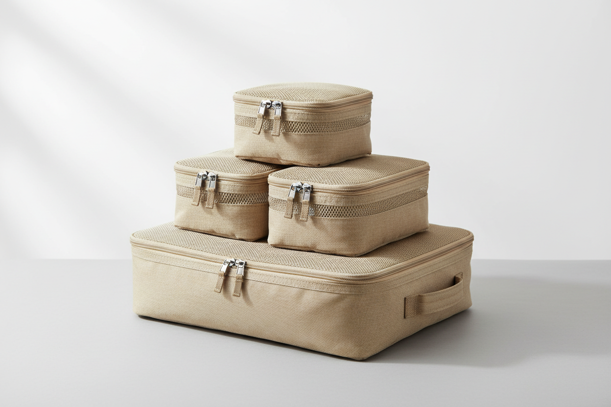 packing cubes beiges empilés en pyramide (4 de différentes tailles) Image