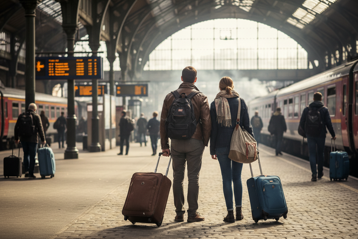 un couple de dos, à la gare, avec leurs valises = photo naturelle, couleurs naturelles Image
